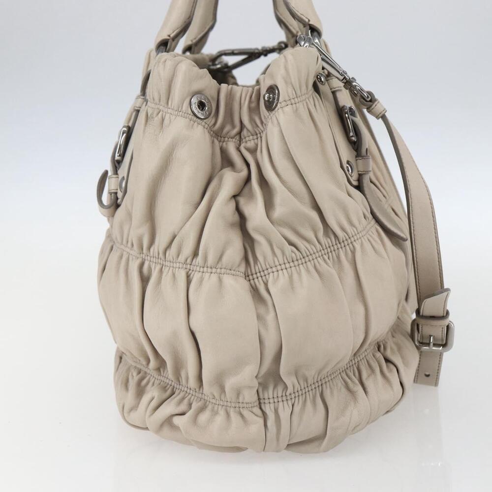 PRADA Gathered Hand Bag Leather 2way Beige Silver Auth yk19545 - Picture 3 of 16